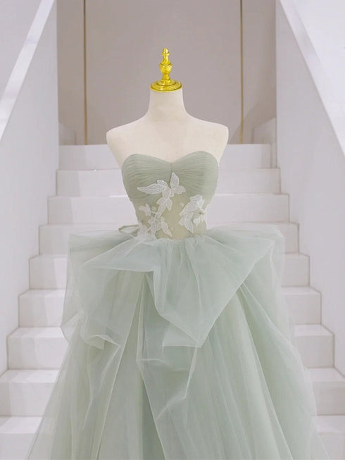 Light Green Sweetheart Tulle Long A-line Prom Dress, Light Green Tulle Party Dress